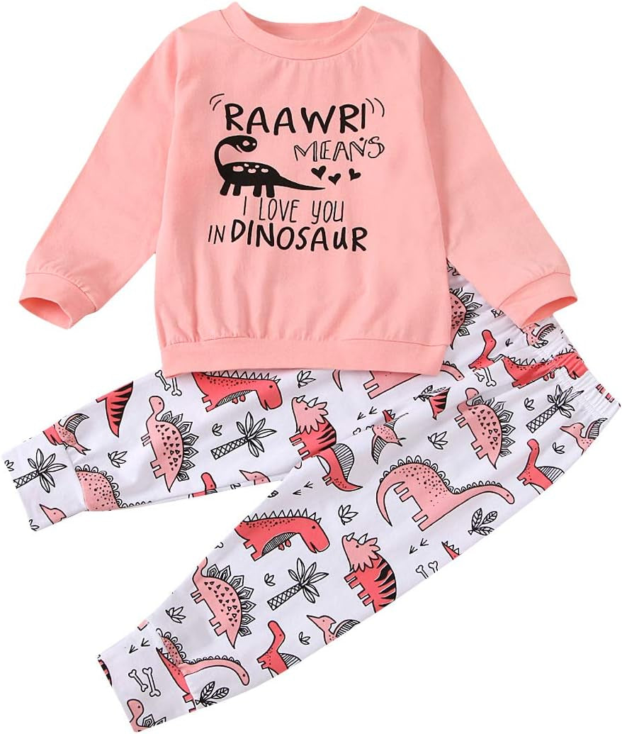 Toddler Baby Girls Clothing Sets Little Dinosaur Printed Long Sleeve Tops and Pants 2Pcs Fall Winter Outfits